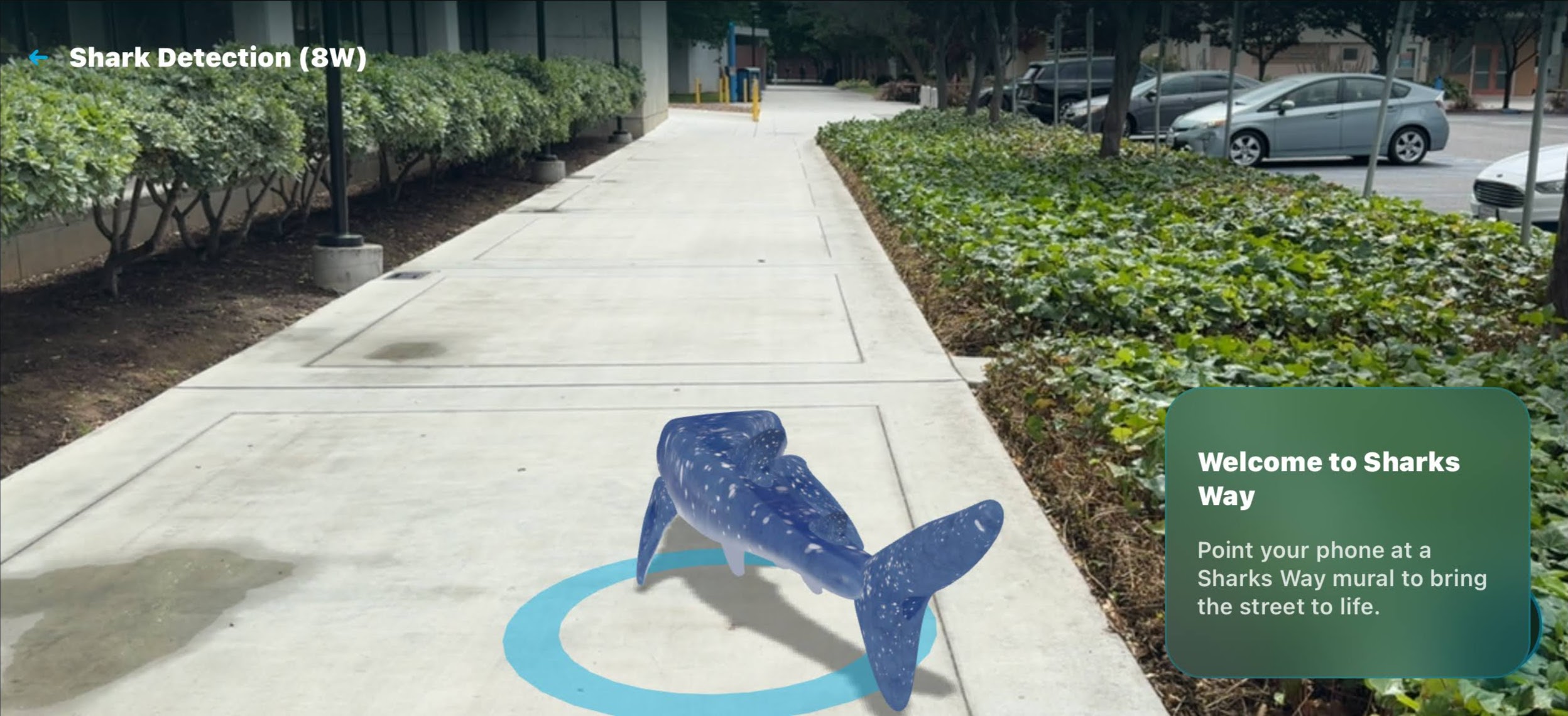 Sharks Way AR: teal shark on SJSU campus sidewalk with checkpoint UI