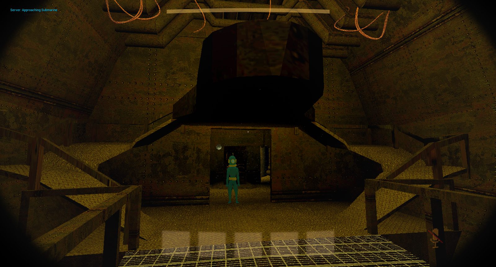 Benthos in-game view: first-person perspective inside a rusted underwater interior with a diver in a teal suit ahead