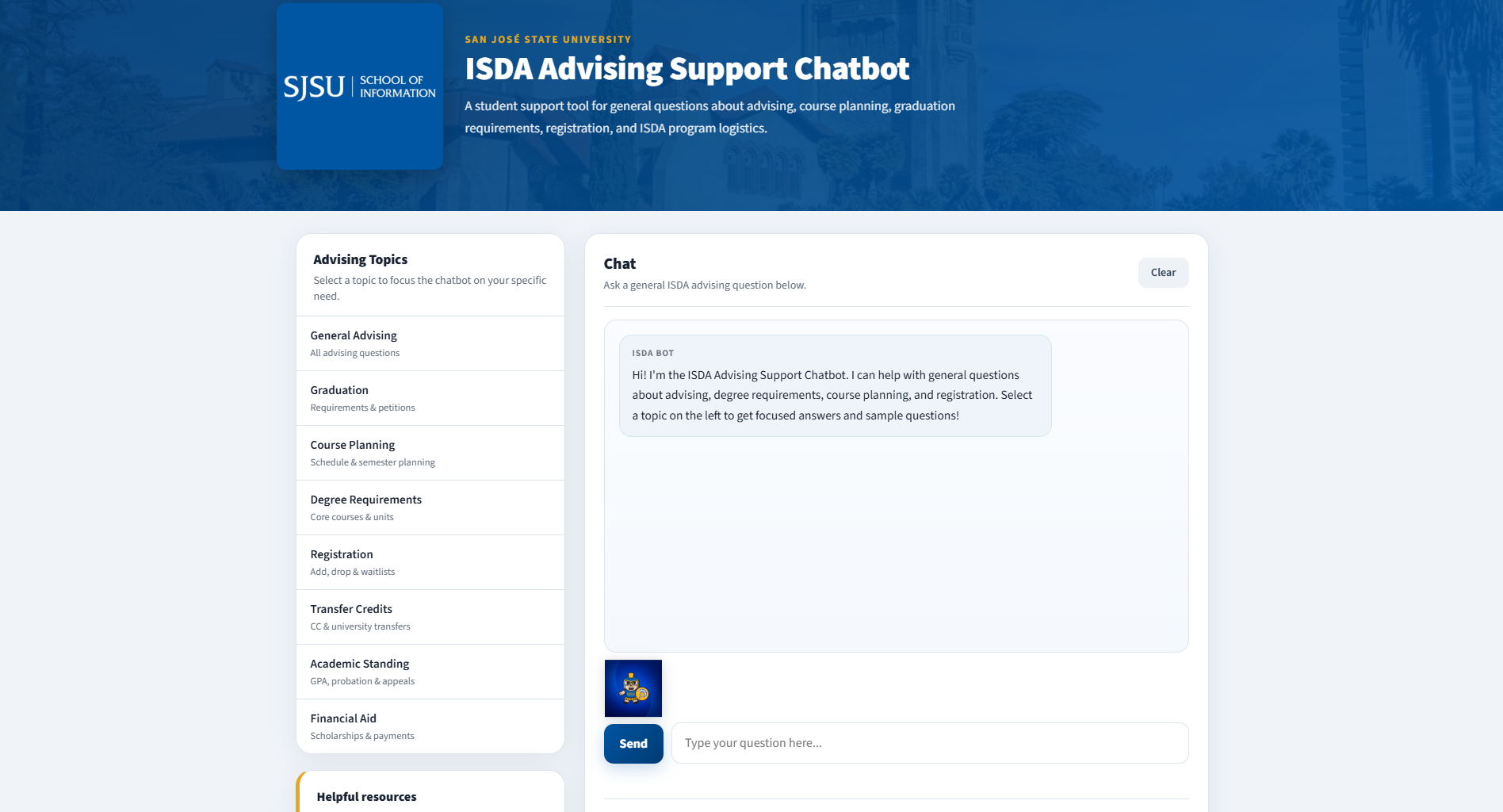 iSchool Advising Support Chatbot interface screenshot