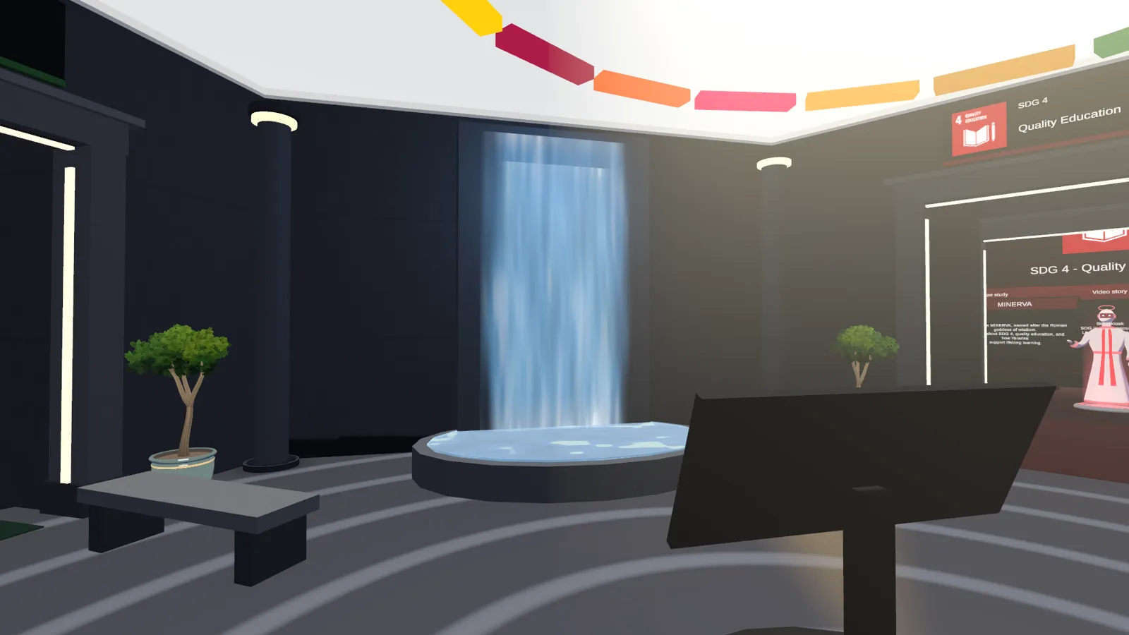 Discovery Hall hub with a waterfall beside the entrance to the SDG 4 room