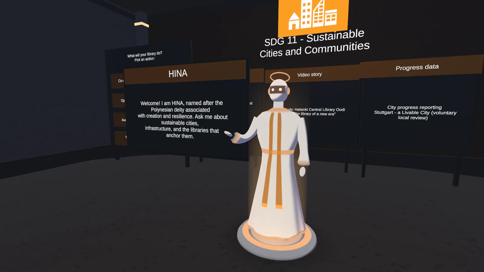 HINA guide character in the SDG 11 Sustainable Cities room