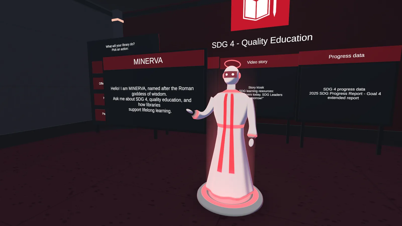 MINERVA guide character in the SDG 4 Quality Education room next to progress data panels